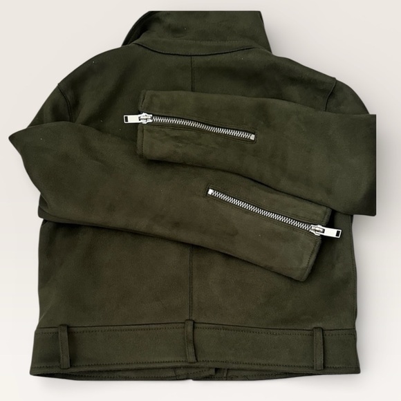 Zara Dark Green faux suede women’s Moto light coat Silver Zippers in S - Picture 6 of 8
